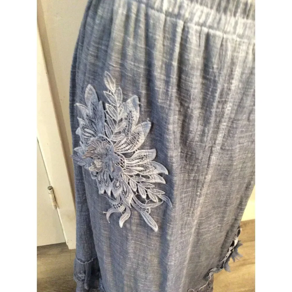 Western Denim Look Lace Linen Mix Floral Torn Edge Skirt   XL Festival Concert
